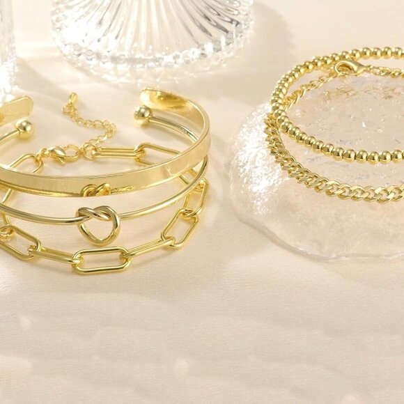 14K Real Gold Plated Bangle Cuff Non Tarnish Trendy Stack Bracelets for Women - Picture 4 of 6